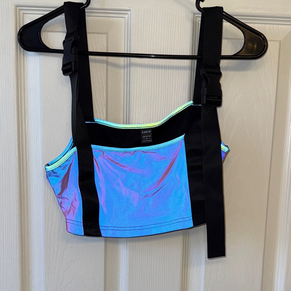 SHEIN Blue and Purple Crop Top with Black Straps